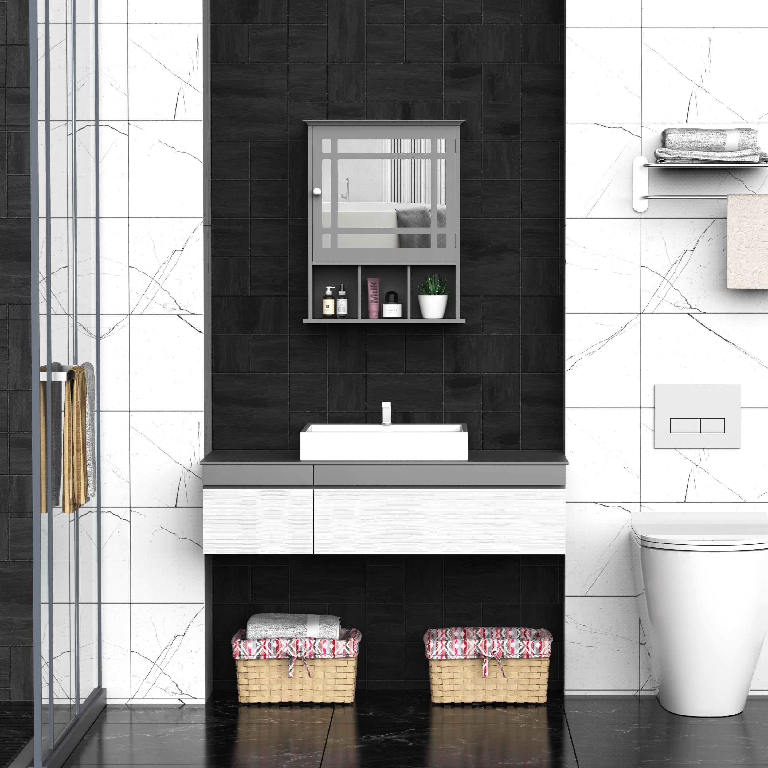 kleankin Bathroom Cabinet Wall Mount with Mirror Door 3 Shelf