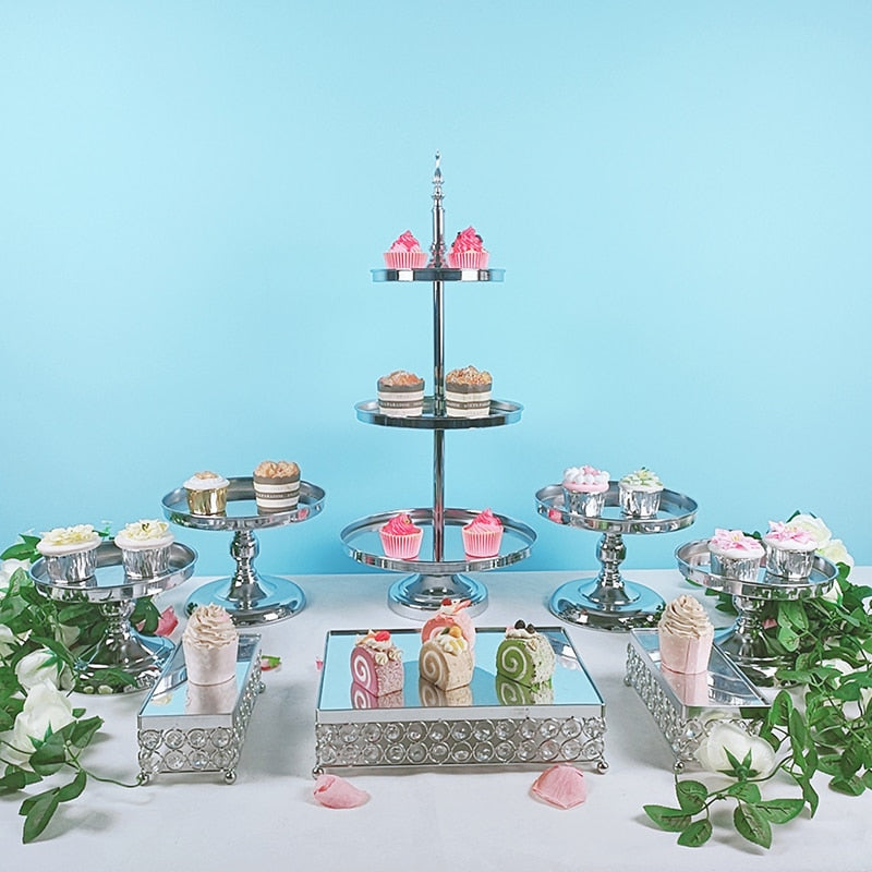 5-9pcs/lot silver round plate decoration tools crystal cake stand set